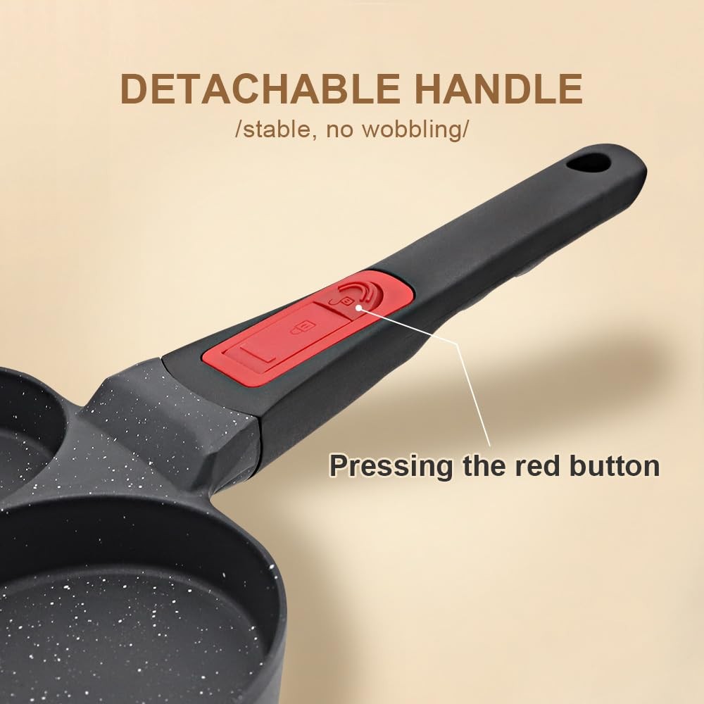 4Cup Nonstick Egg Frying Pancake Pan Detachable Handle Burger Skillet Black
