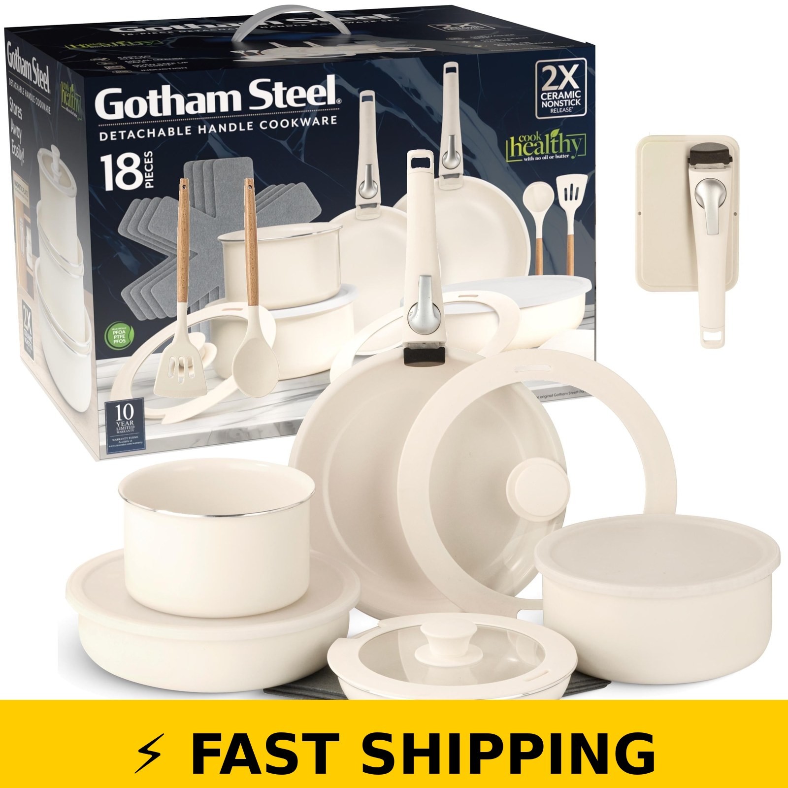 Gotham Steel 18 Piece Nonstick Ceramic Induction Cookware Set – Cream