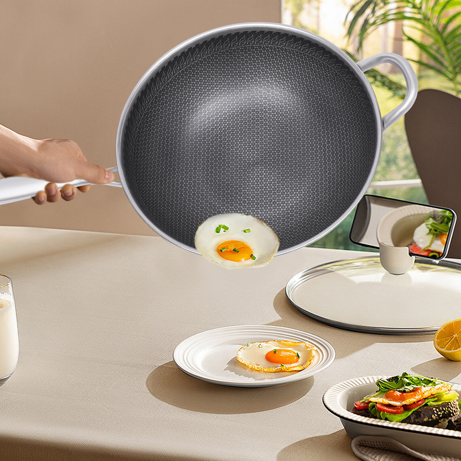 Non Stick Double Sided Honeycomb Cooking Frying Wok Pan with Lid Stainless Steel