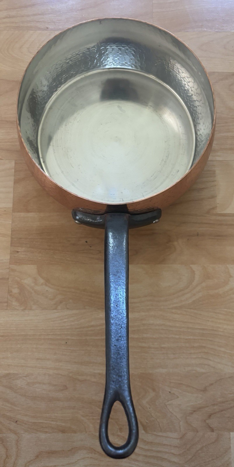 Hammered Copper Saute Pan Stainless Steel Lined 9 in Round Long Handle 4 in
