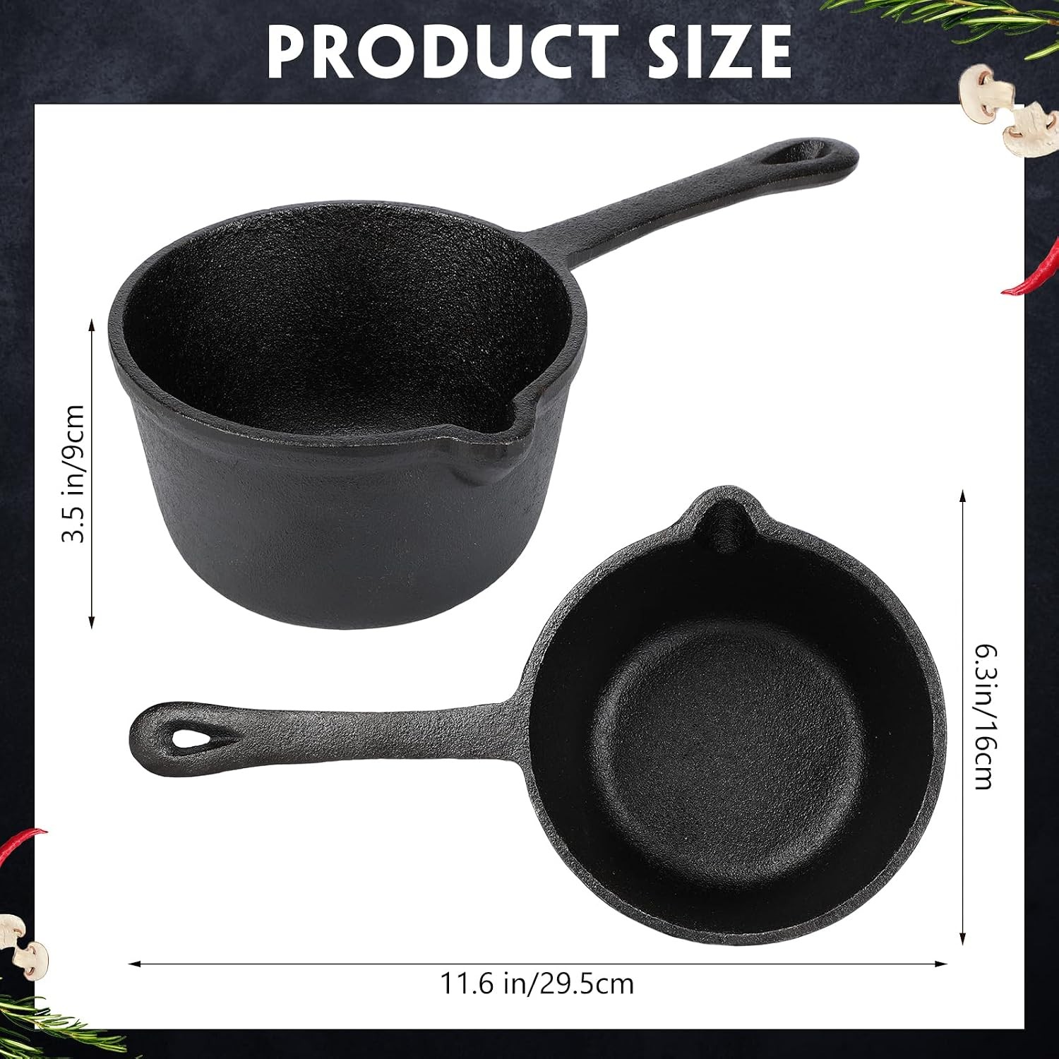 2 Pcs Cast Iron Sauce Pan 1.2 Quart Basting Pot with Handle Small Pre-seasoned