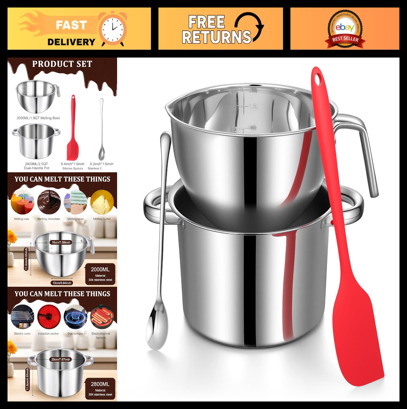 304 Stainless Steel Double Boiler Set – 1.8QT Melting Bowl & 2.54QT Pot – Stacka