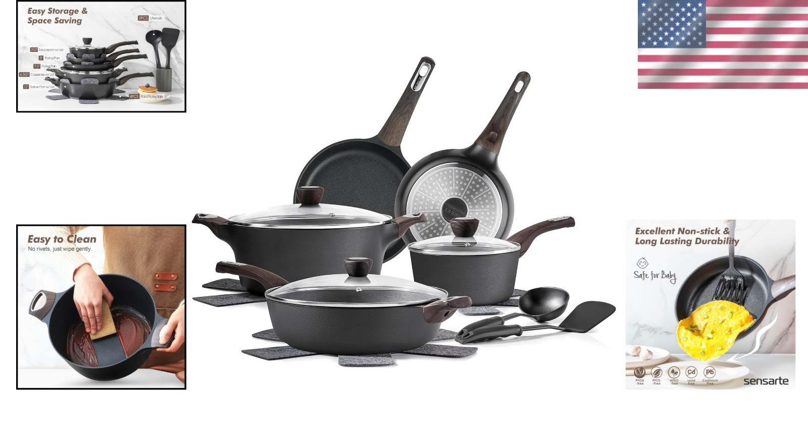 14-Piece Induction Non-Stick Kitchen Set with Ergonomic Handles & Glass Lids