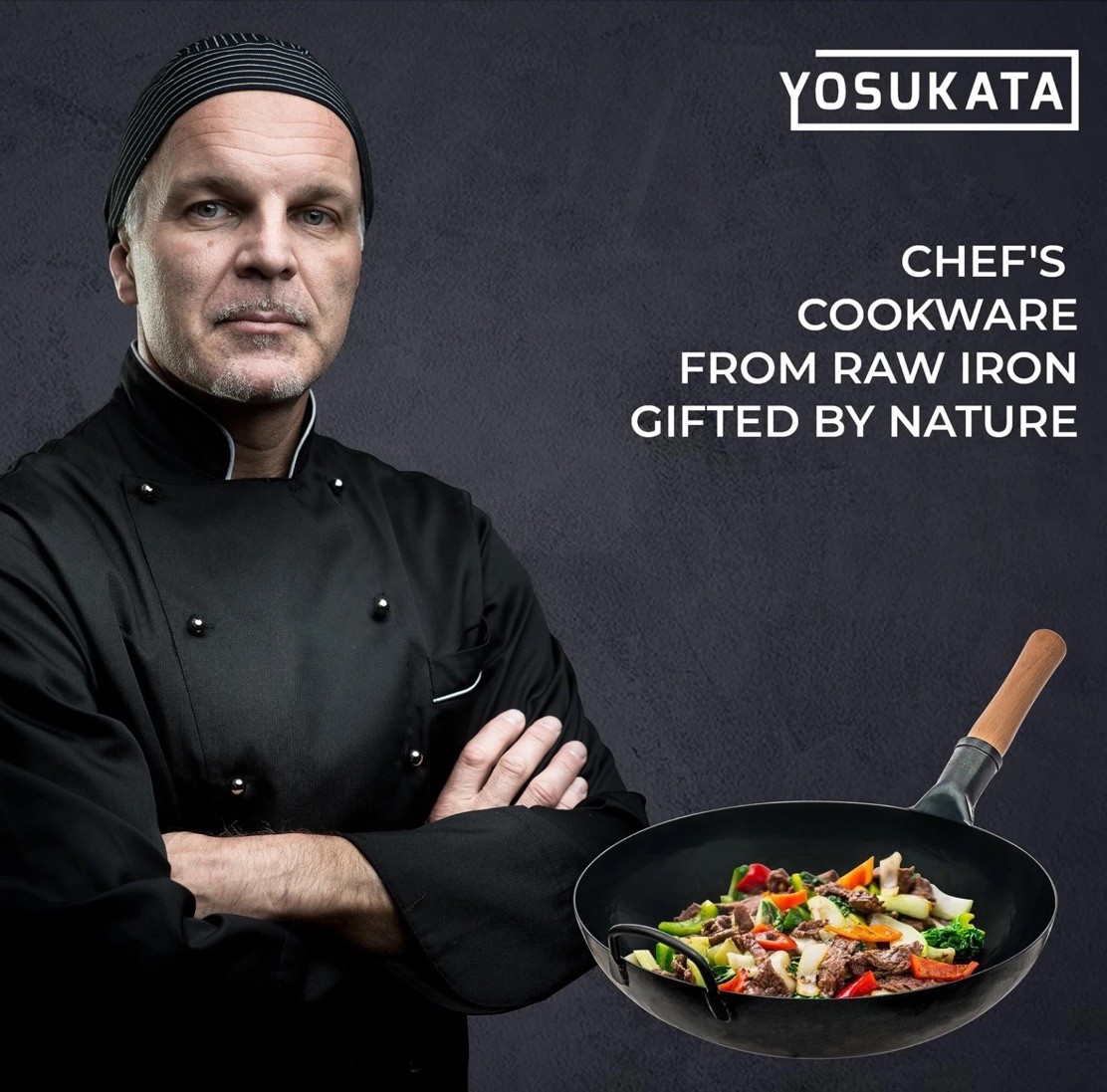 🏅YOSUKATA 13.5” Blue Carbon Steel Wok Pan Pre-Seasoned Flat Bottom Wok