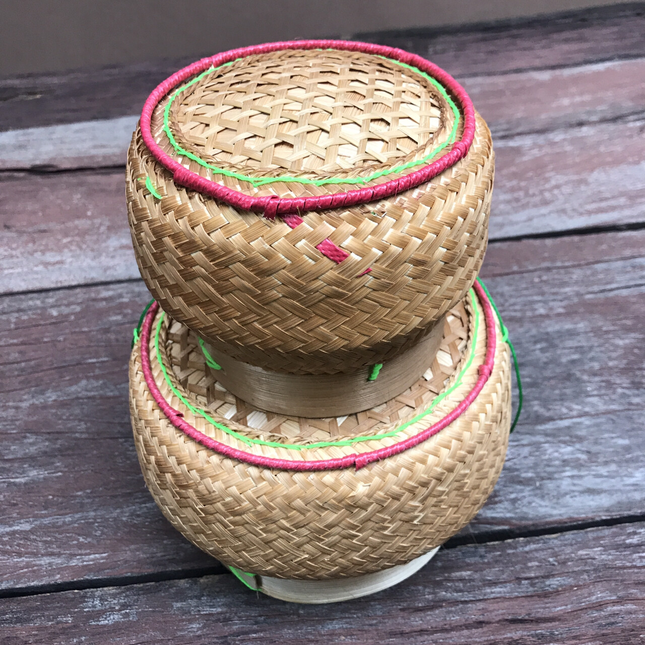 Vintage Thai Handicraft Kratip Sticky Rice Serving Natural Brown Bamboo Basket