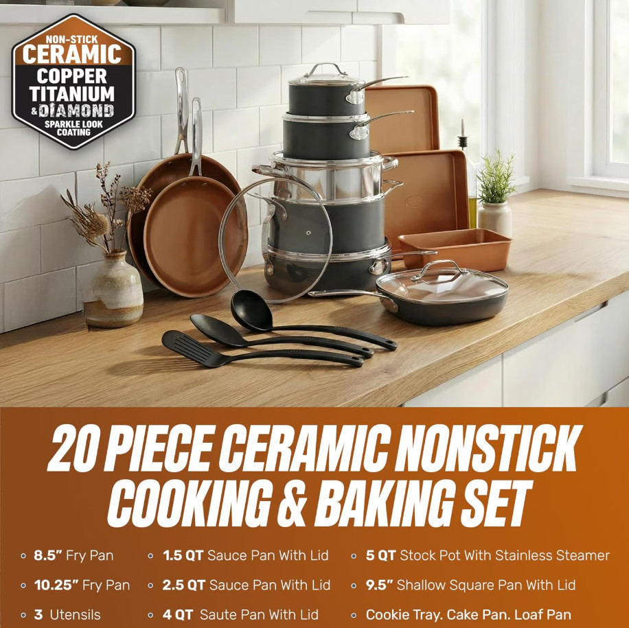 Gotham Steel TRUE VALUE 20 Pc Nonstick Ceramic Cookware Set Copper Bakeware