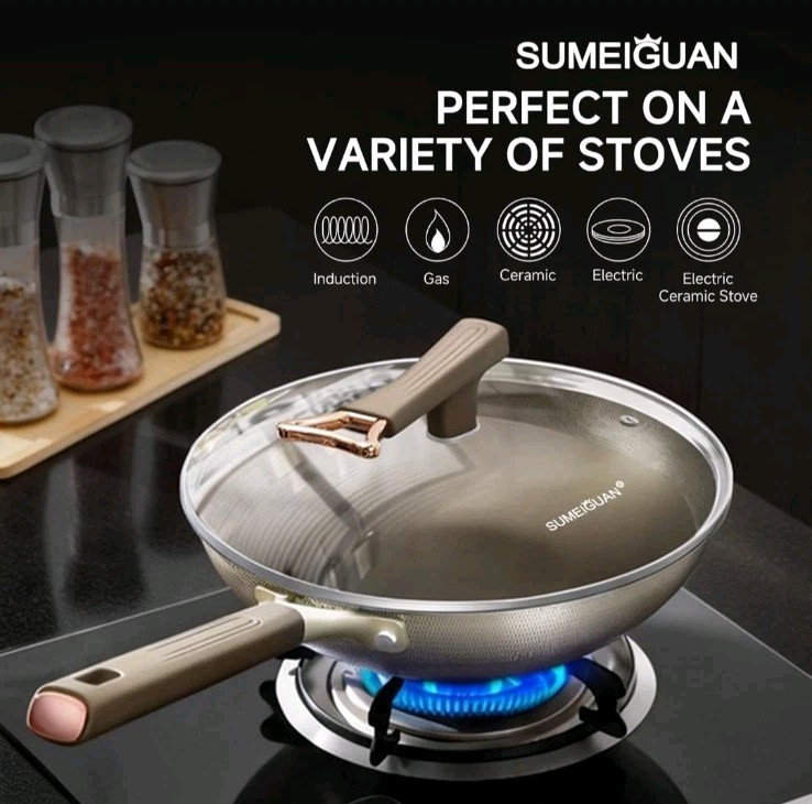 13 Inch Titanium Wok Pan w/ Lid Non Stick Frying Pan, Extended Cool-Touch Handle