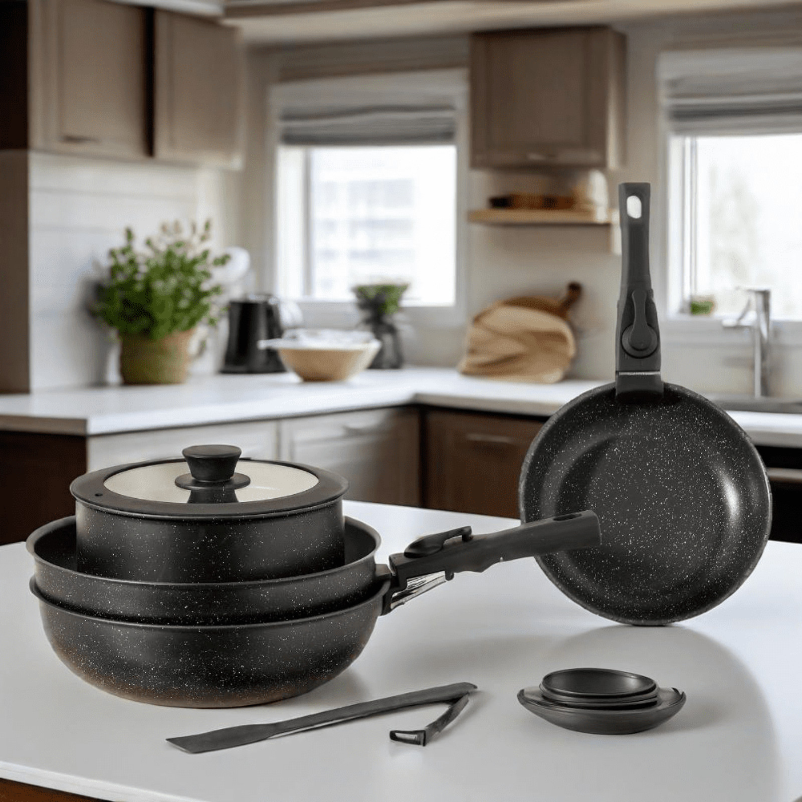 12pcs Non-Stick Cookware Set with Spatula & Detachable Handle, Pots and Pans Set