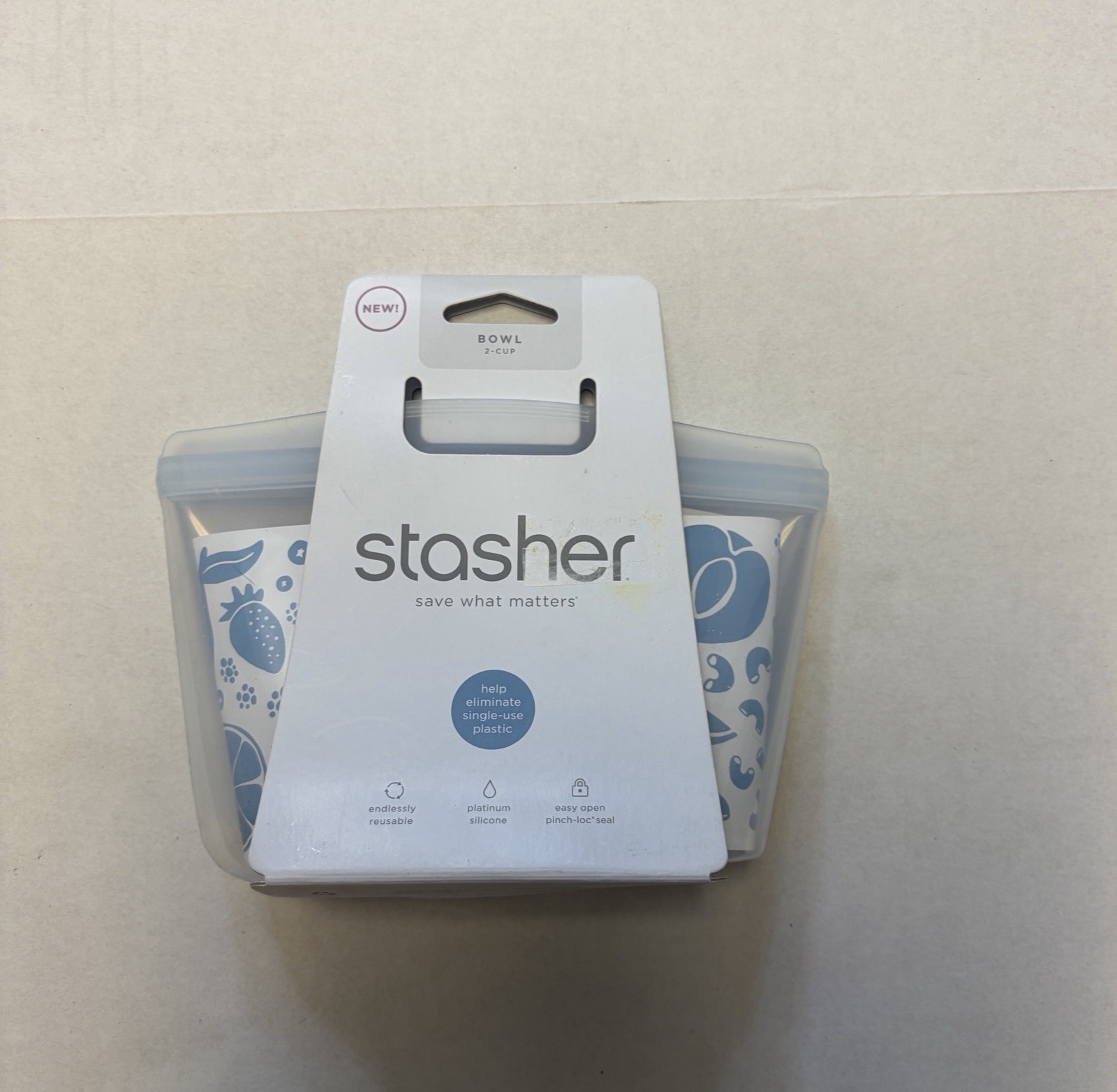 Stasher 2-Cup Reusable Silicone Bowl Food Storage Bag 16 oz Blue White