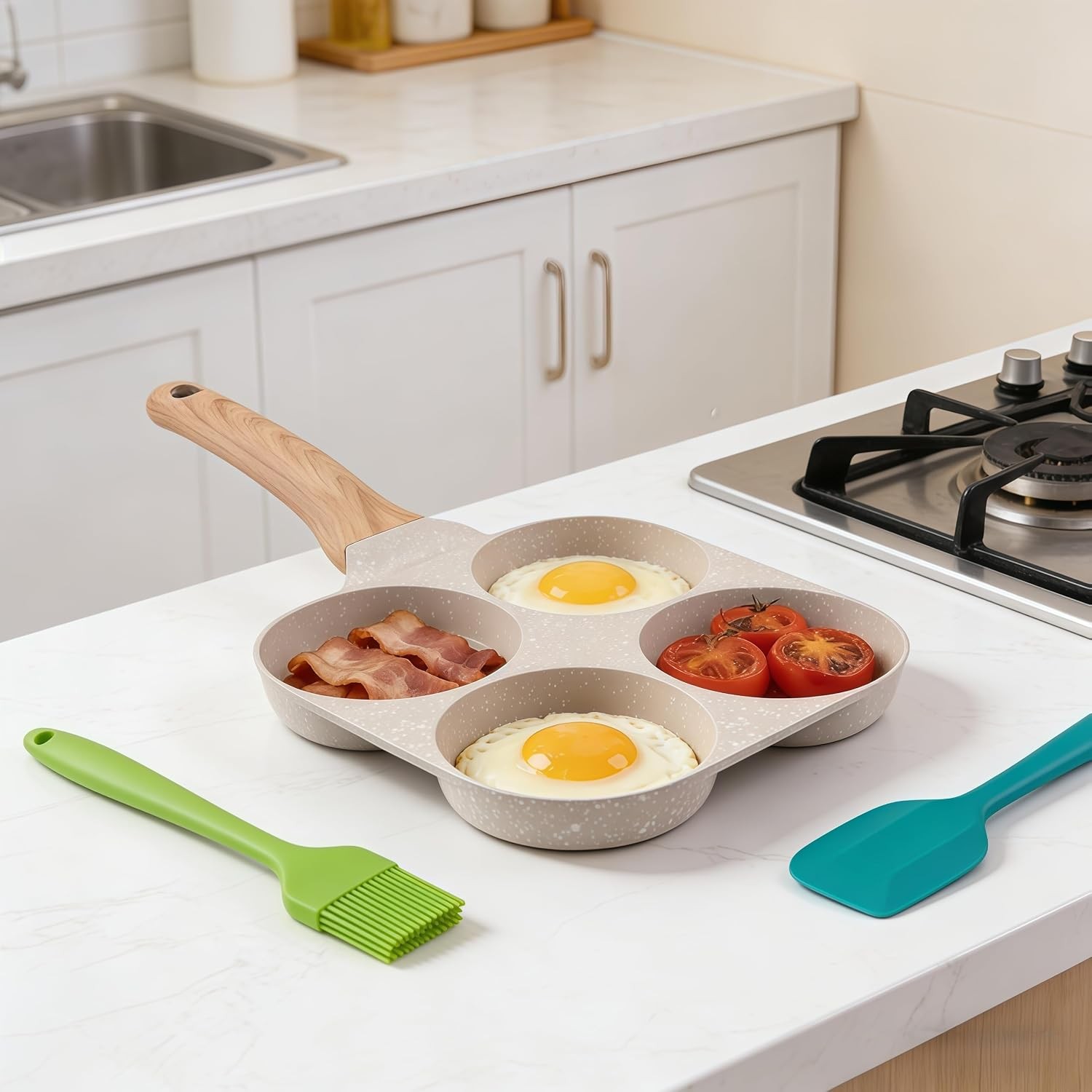 4 Cup Egg Pan Nonstick, 7″ Cream White Granite Coating Omelet Pan with