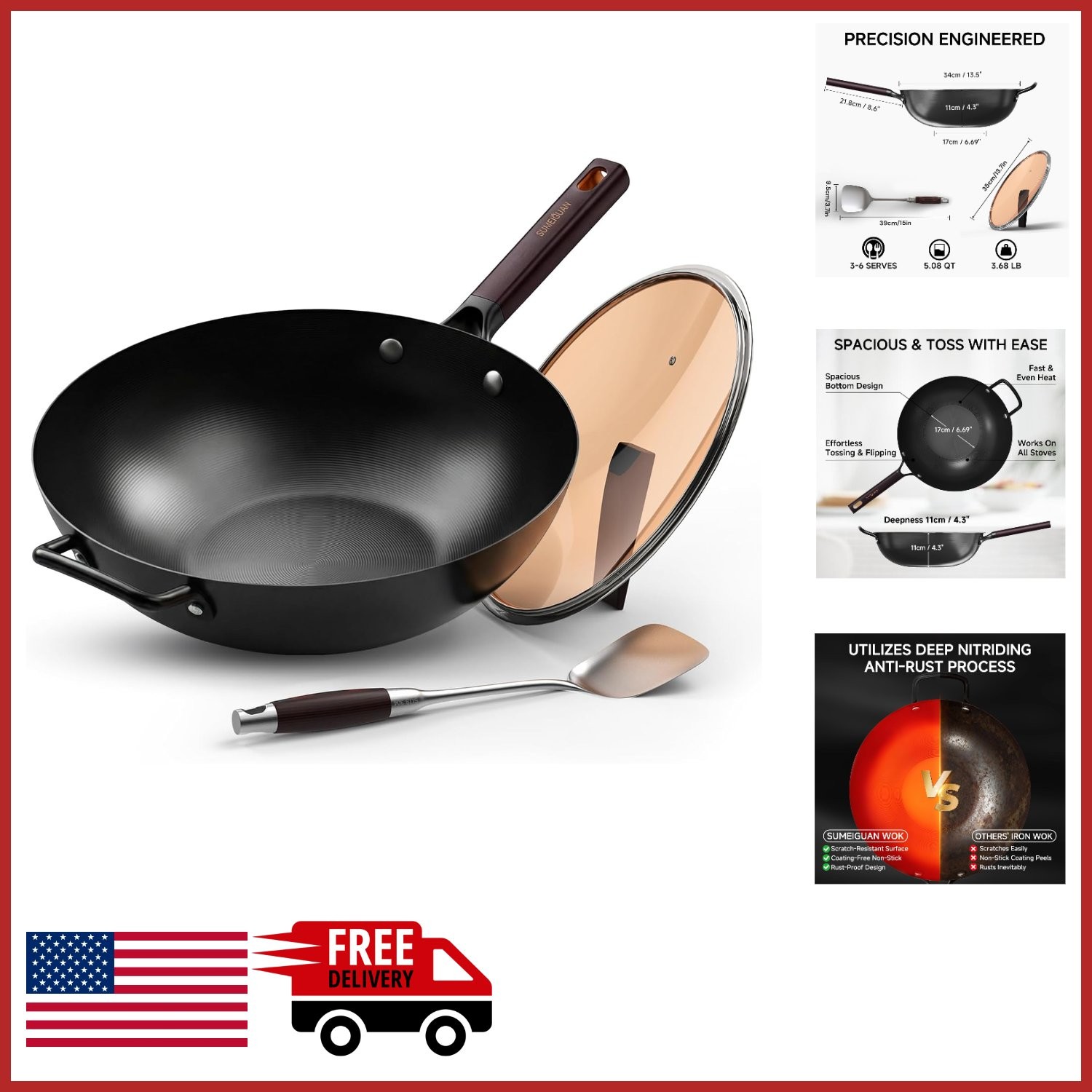 Lightweight 13.5″ Wok Pan Set with Glass Lid & Spatula for Versatile Cooking