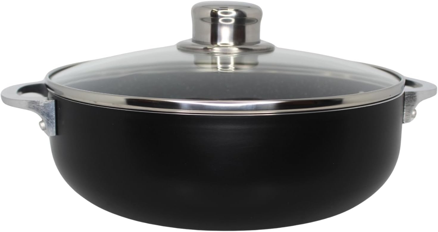 Small 3.2qt Bistro-Cera Aluminum Speckled Black Ceramic Caldero with Glass Lid