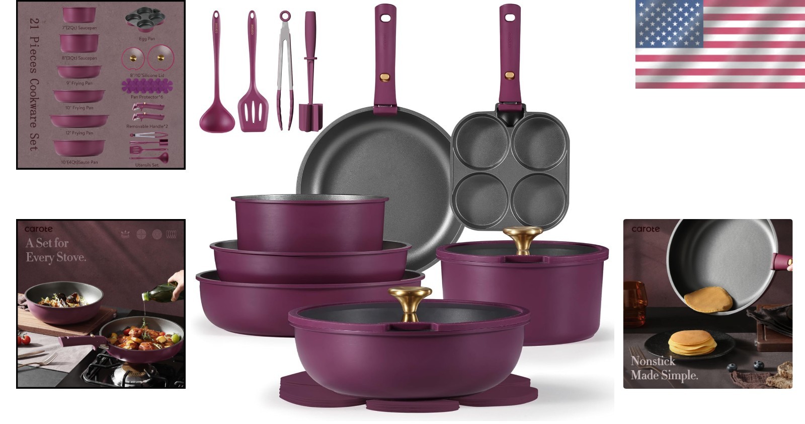 21-Piece Nonstick Cookware Set with Detachable Handles – Induction Compatible
