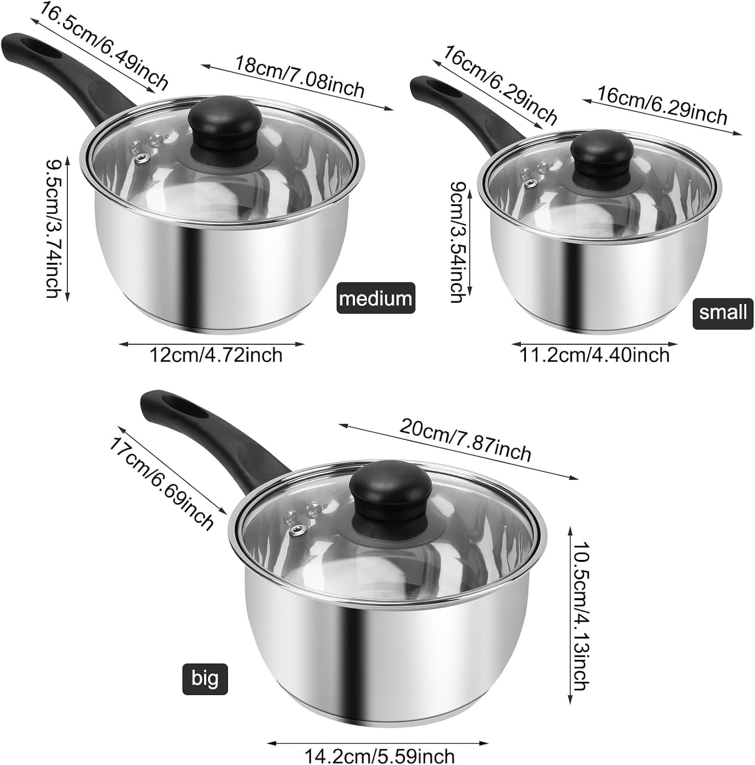 Stainless Steel Saucepan Set, 1 QT & 2 QT & 3 QT Saucepans with Glass Lids…