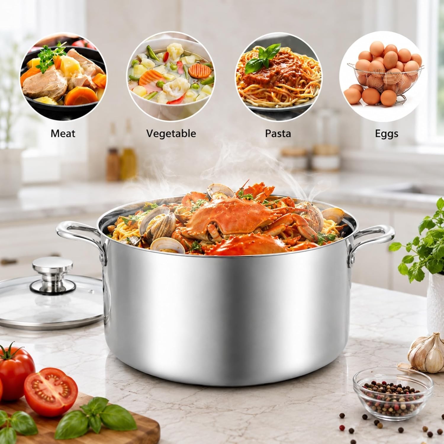6 Quart Stock Pot, Stainless Steel Tri-Ply Cooking Pasta Pot with Tempered Gl…