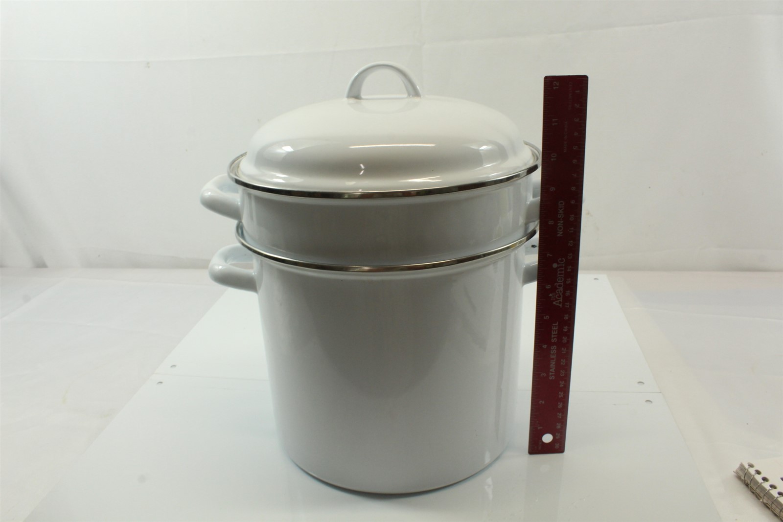 Vintage Porcelain Enameled 8 QT Double Boiler Strainer Stockpot With Lid