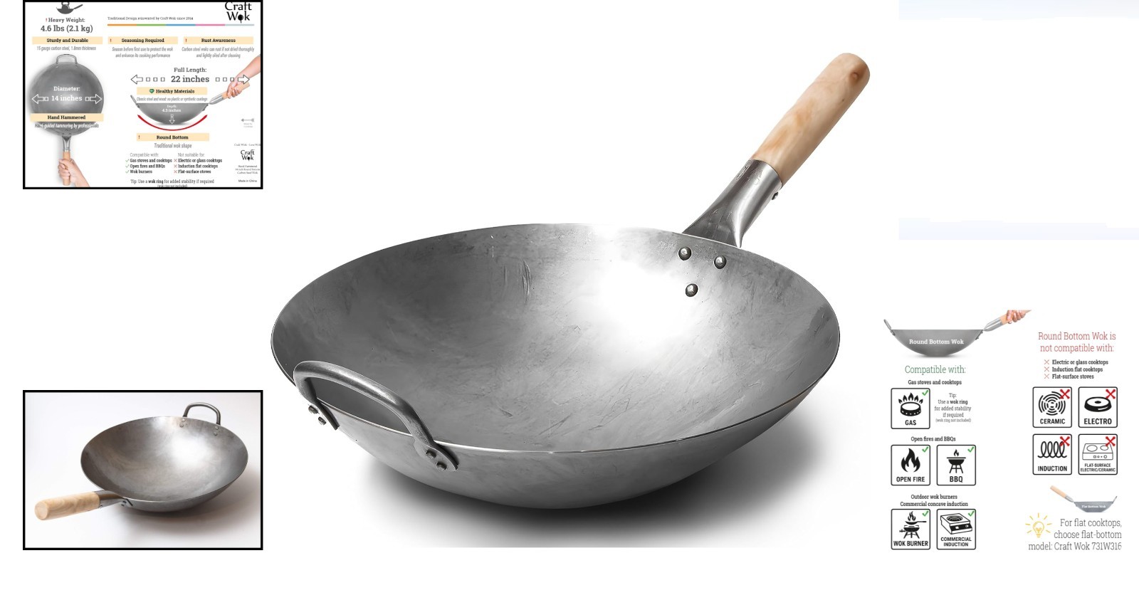 Love Wok 14 Inch Traditional Hand Hammered Carbon Steel Wok Gas Stove Suitable