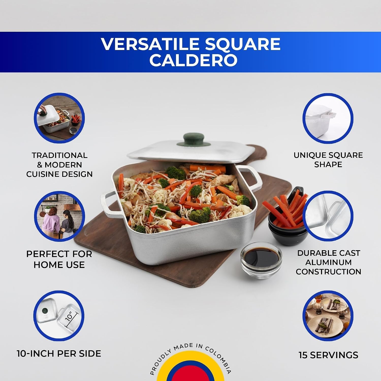 6QT Square Cast Aluminum Caldero Dutch Oven Pot with Lid Oven Safe