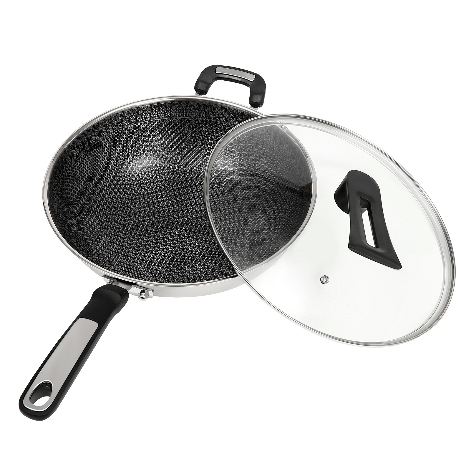 32cm Cooking Nonstick Honeycomb Wok Pan w/Lid & Stainless Steel Steamer Pot
