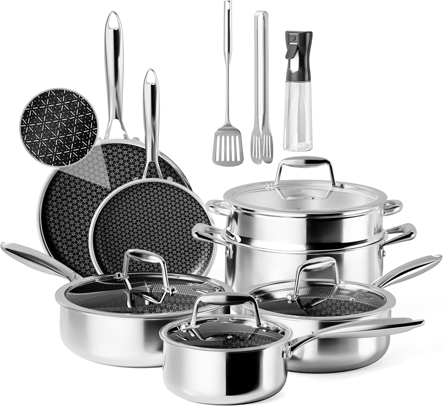 Non-Toxic Hybrid Tri-Ply Stainless Steel Cookware Set with Steamer Basket