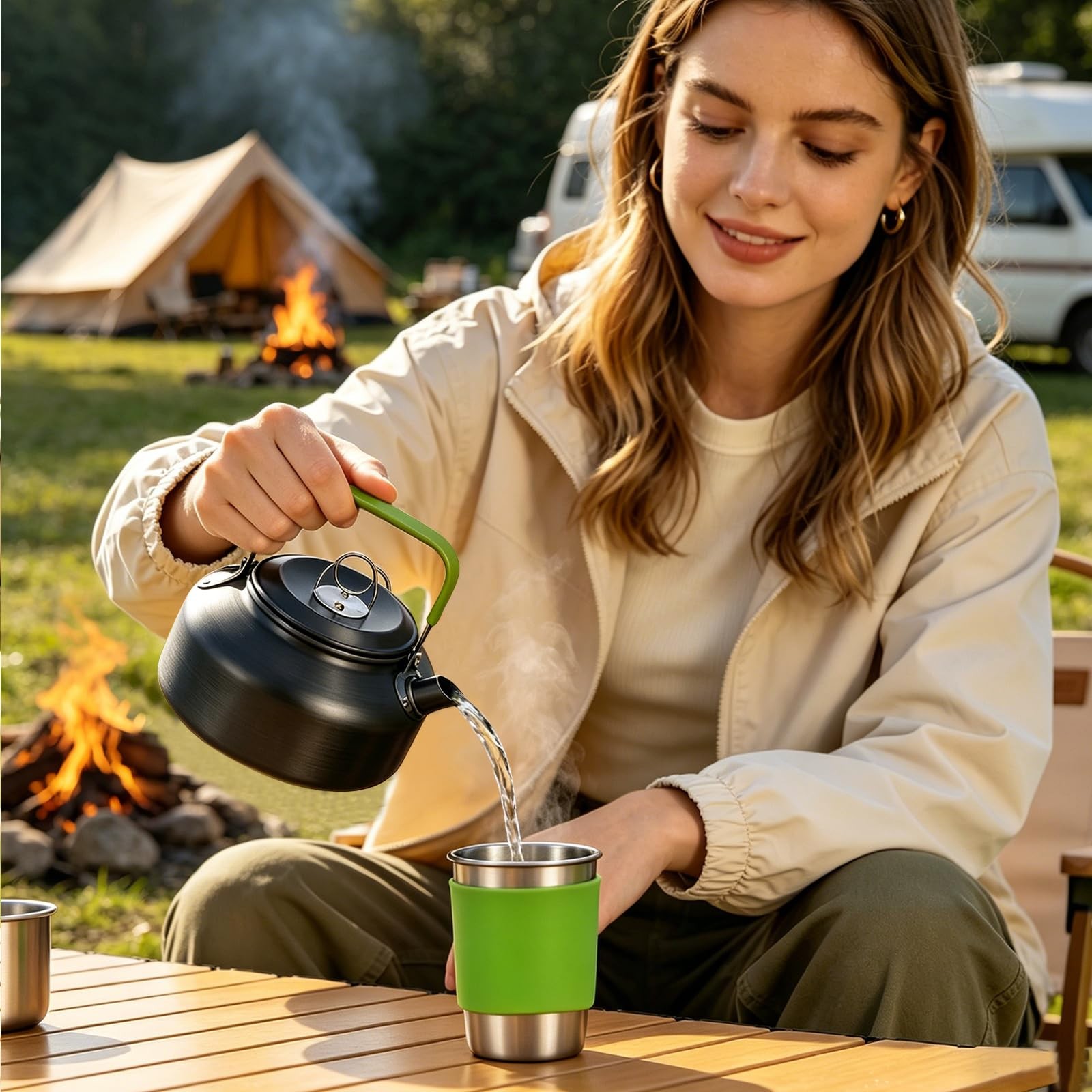 14pcs Camping Cookware Camping Pots and Pans Set with Stainless Steel Cups Pl…