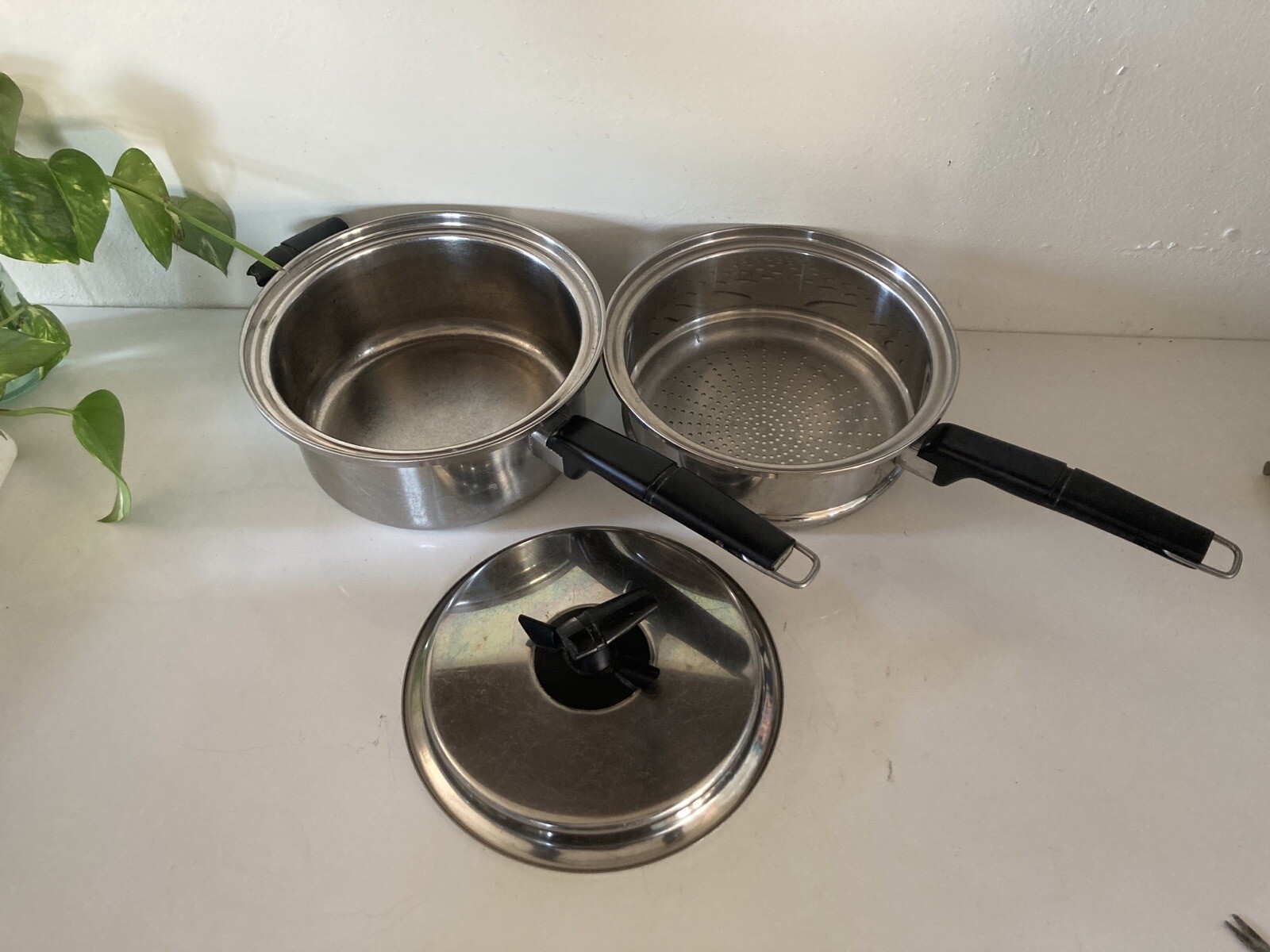 Vtg VACUMATIC 2qt SAUCEPAN w/STEAMER & VENT LID Surgical Stainless Steel 304 Flw