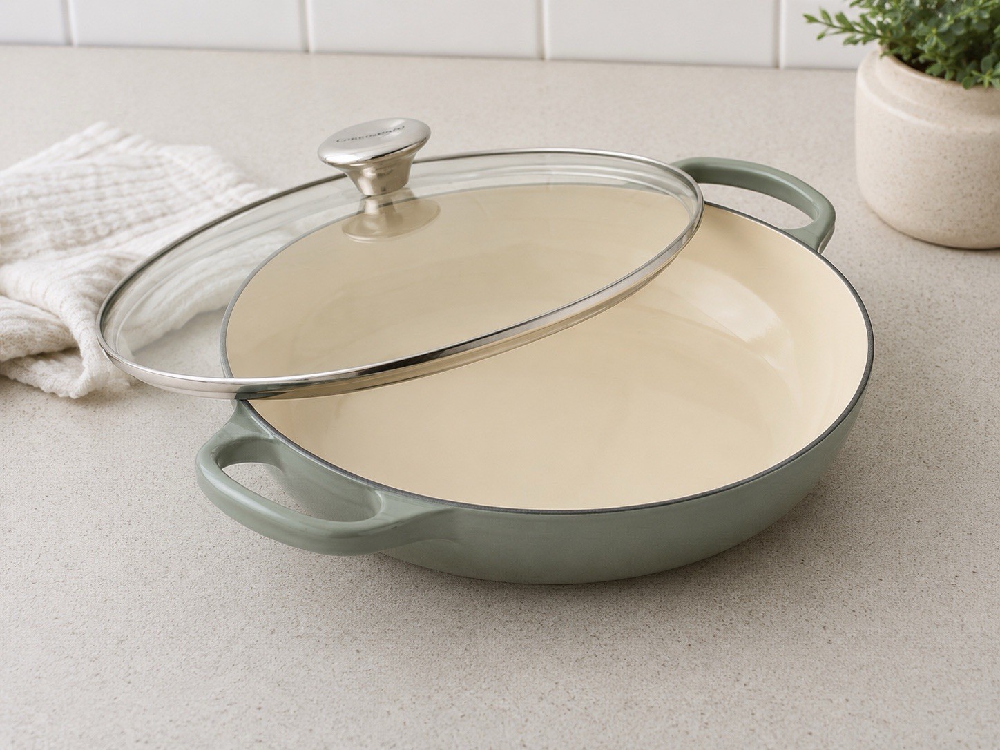 Le Creuset Buffet Cast Iron Casserole Glass Lid 3.5 qt Pan Sea Salt France NEW