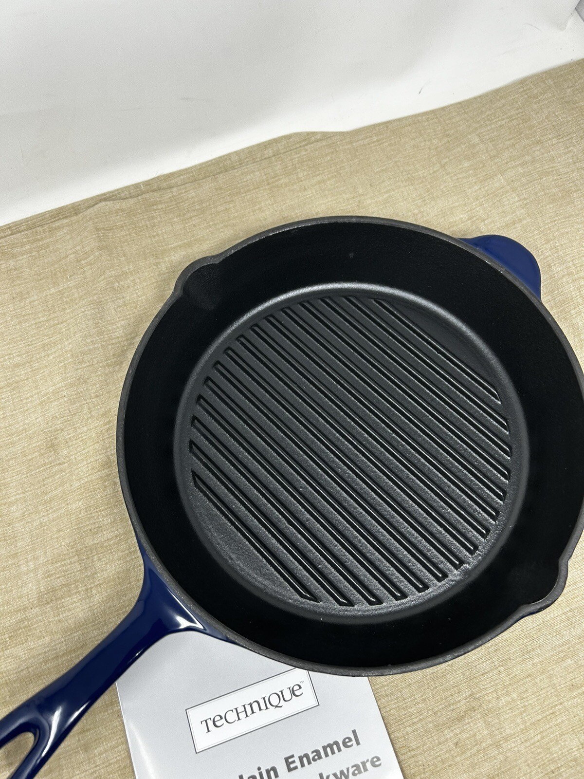 Technique Enamel Cast Iron 10″ Round Grill Pan-Blue