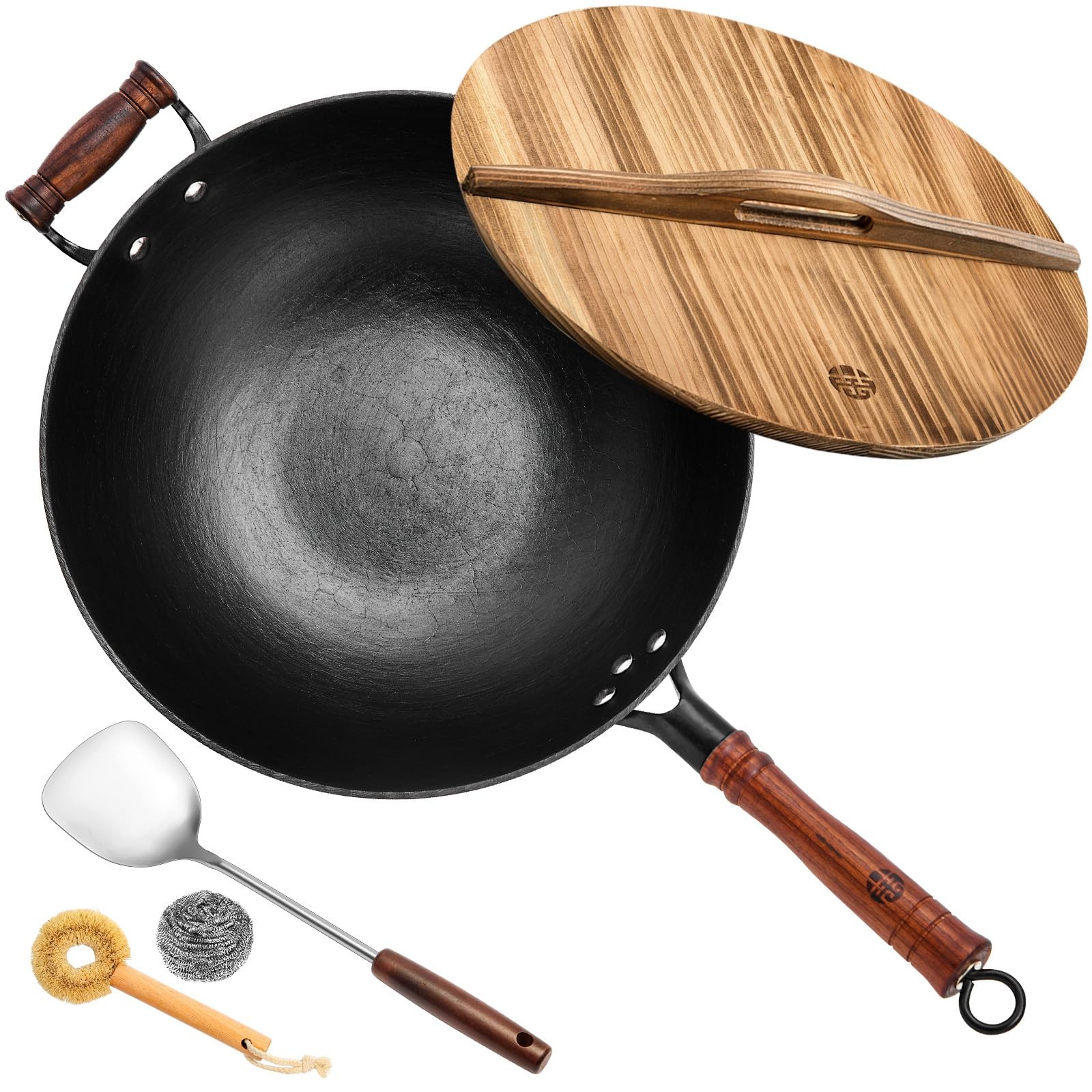 WANGYUANJI Cast Iron Wok Pan with Lid, 14.2 Inch Flat Bottom Uncoated Stir Fry