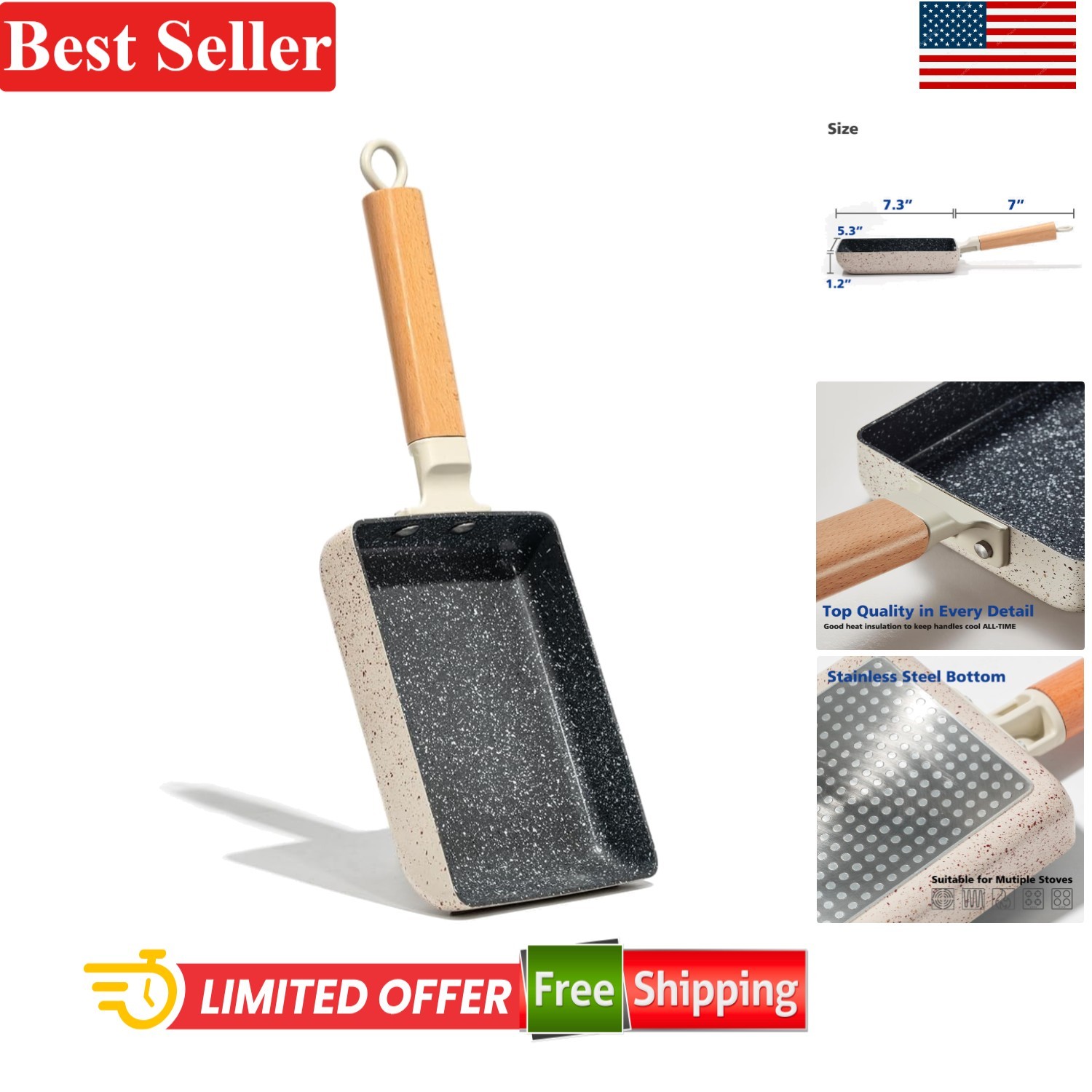 Square Ceramic Tamagoyaki Omelette Pan Non-Stick 2lb Aluminum Electric Gas In…