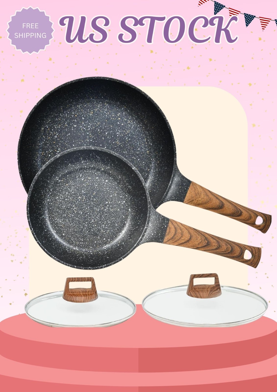 Nonstick Frying Pan Set with Lids – 10″ & 11.5″ Aluminum Granite Skillet Set