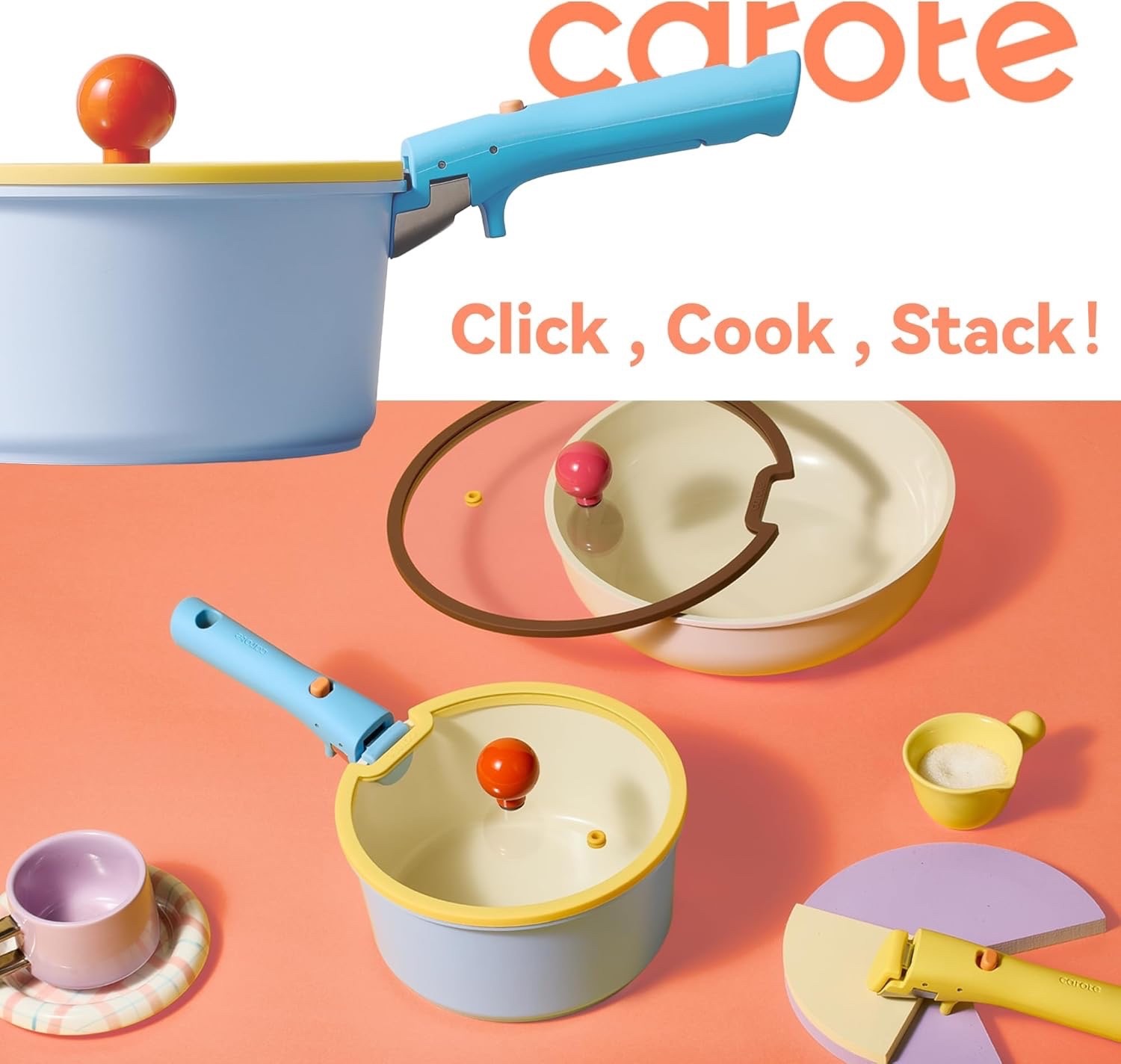 20pc Ceramic Nonstick Cookware Set, Detachable Handles, Limited Edition Colorful