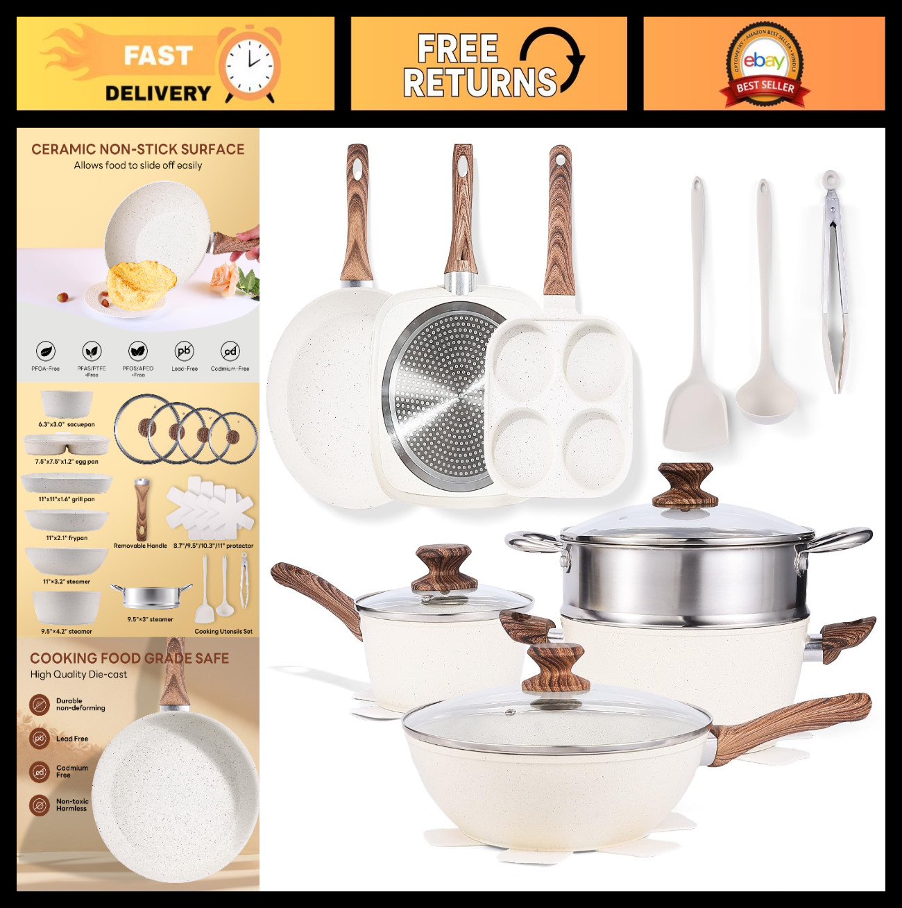 17 Pcs Nonstick Cookware Set – Induction Pots & Pans, Non-Toxic, Oven Safe, Beig