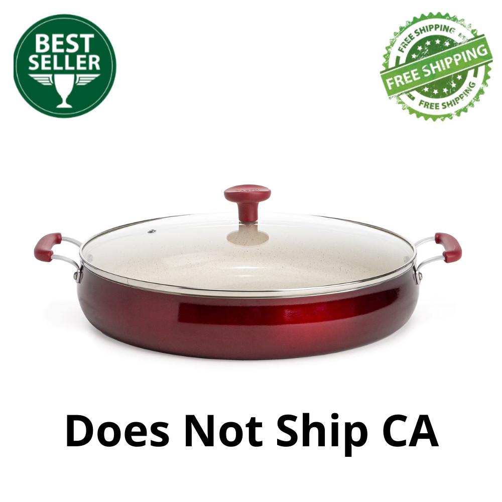 Tasty 13 Inch Ceramic Non-Stick Sauté Pan, Red Aluminum Skillet with Glass Lid
