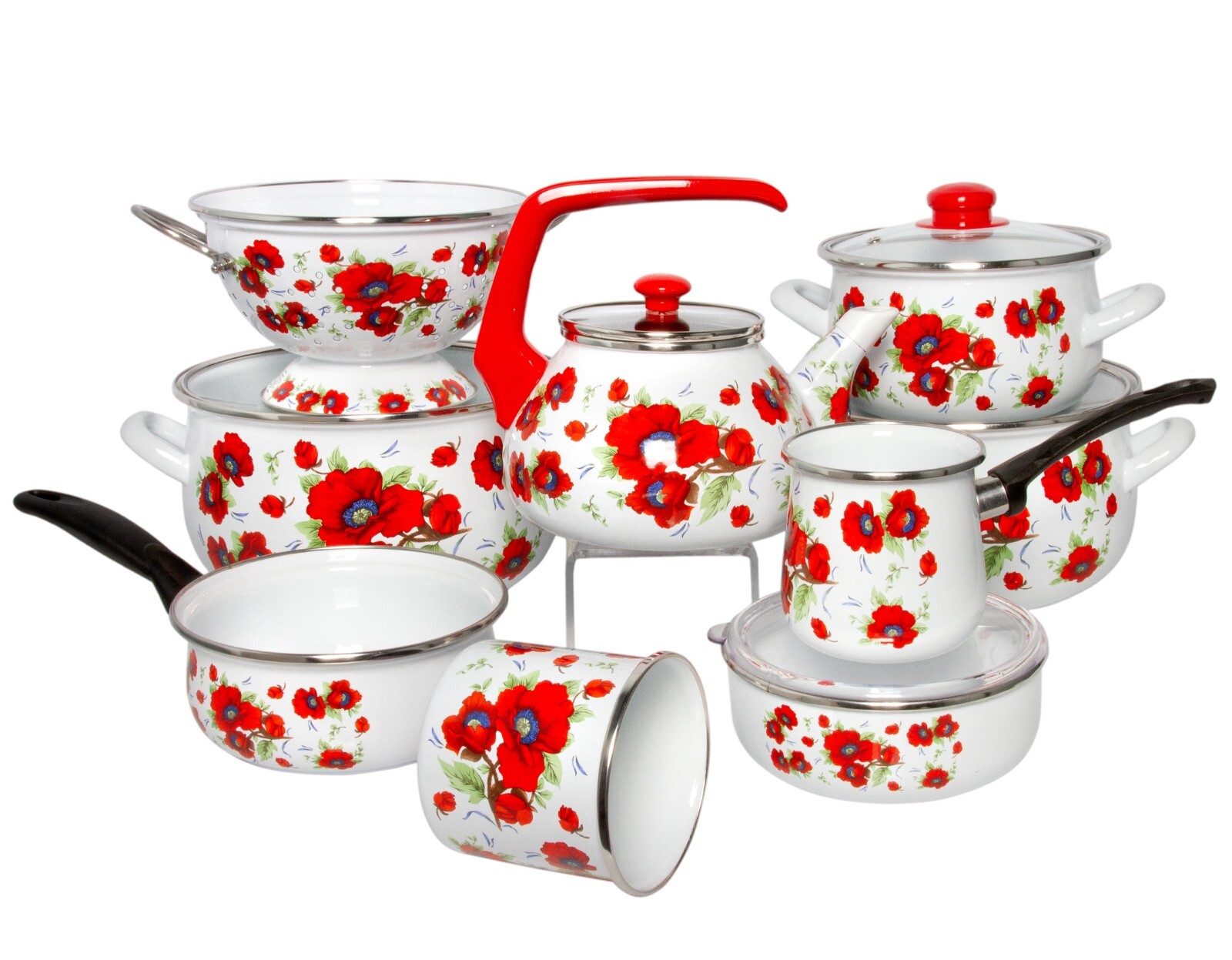 POPPY FLOWERS Enamelware Stockpot with Glass Lid, Enameled Cooking Pot 4 qt
