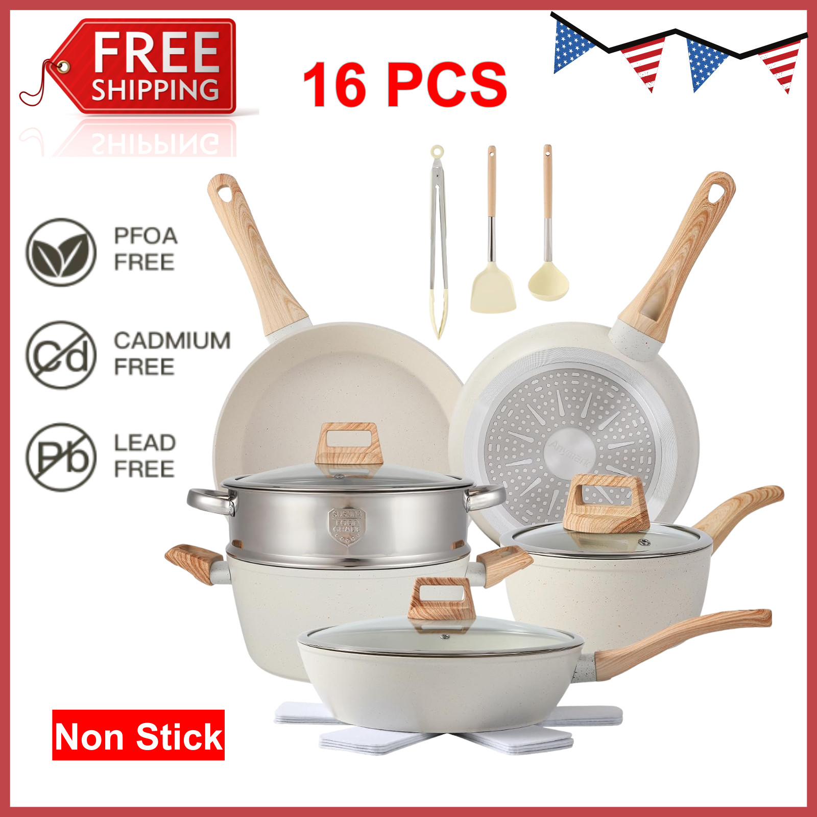 16PCS Pots and Pans Set Non Stick Cookware Set Nonstick with Cooking Set, White