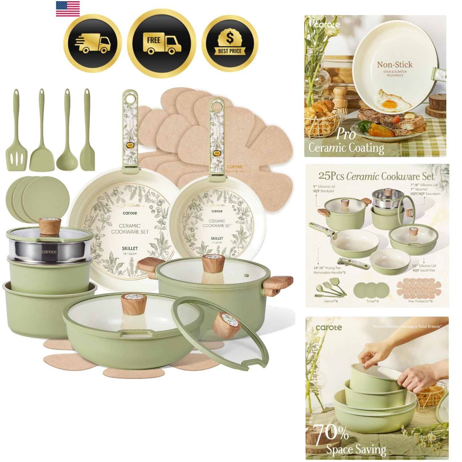 25pcs Ceramic Cookware Sets, Nonstick Pots and Pans Set Non Toxic | Space Sav…