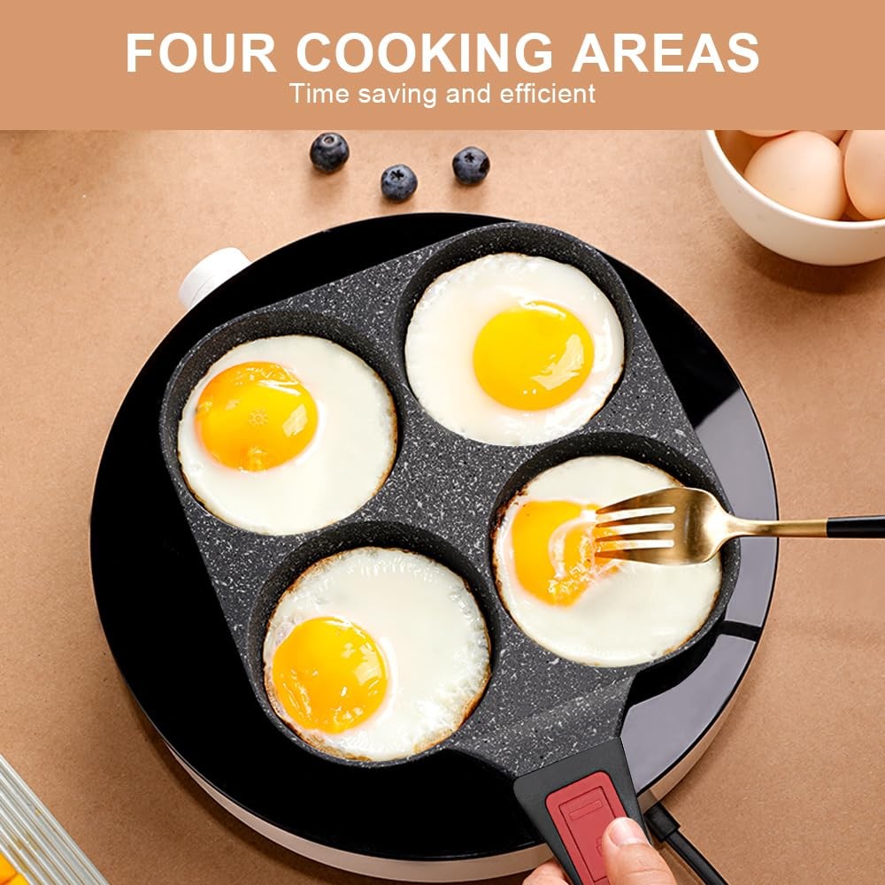 4Cup Nonstick Egg Frying Pancake Pan Detachable Handle Burger Skillet Black