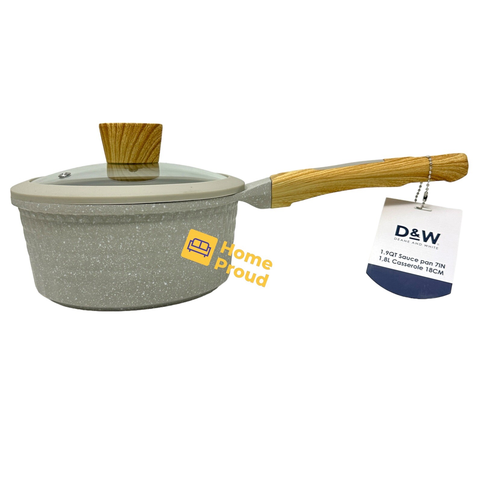 D&W Saucepan Casserole Pot NonStick With Lid 7 inch Small StockPot 1.9 Qt Beige