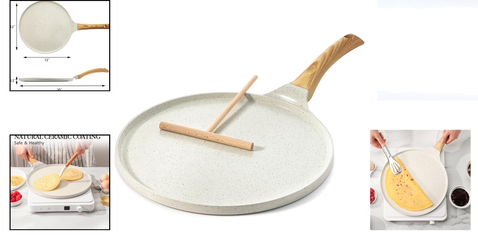 12 Inch Ceramic Non-Stick Crepe Pan Induction Cookware Pancake Skillet White