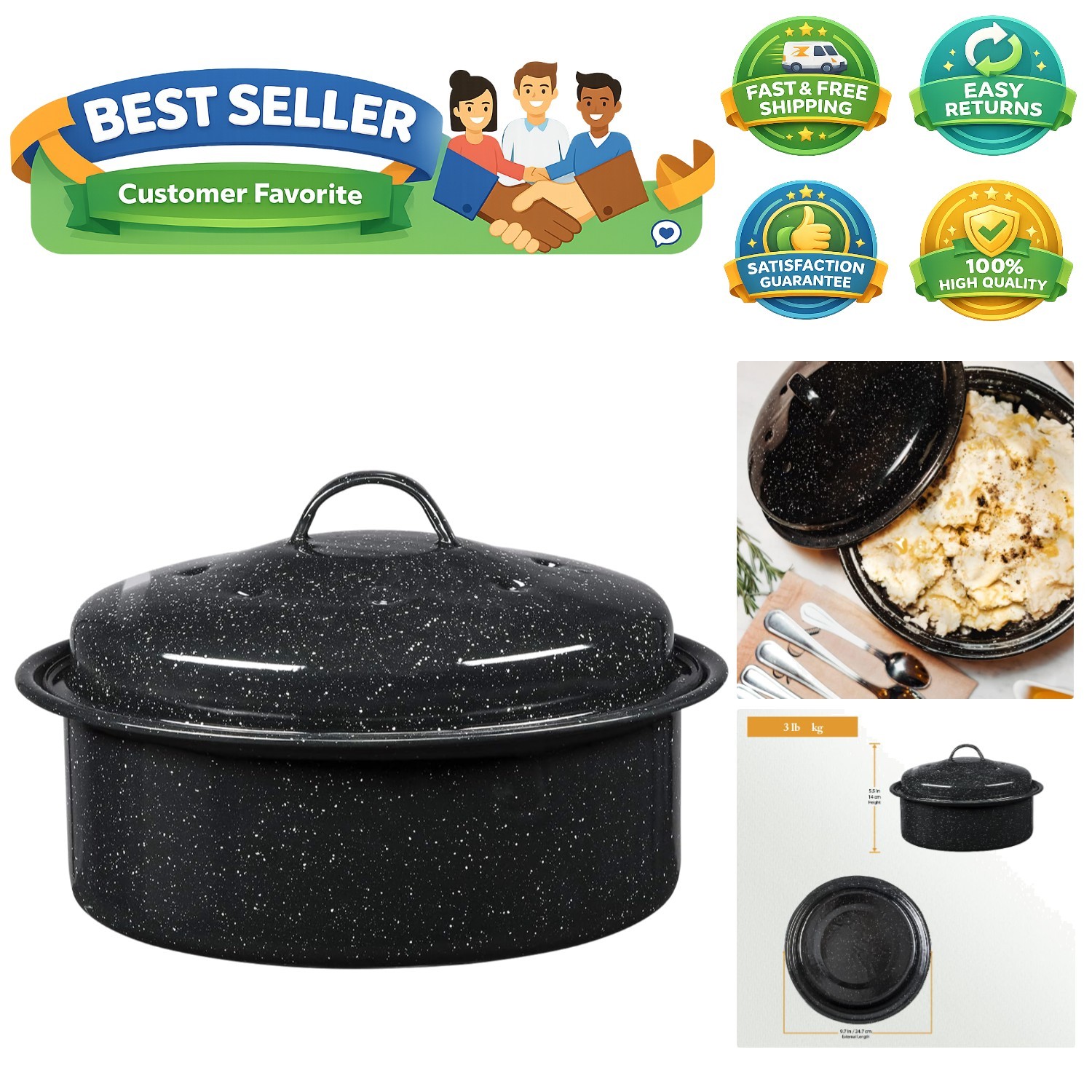 8.7-Inch Small Covered Round Roaster, 3Lb Capacity – Mini Roaster Enamel Stee…