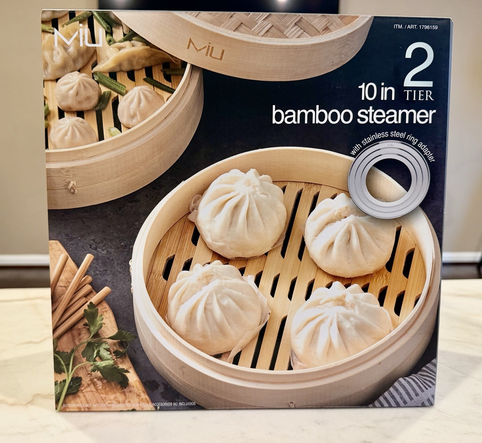 NEW MIU 10″ 2-Tier Bamboo Steamer Basket 10″ With Stainless Steel Ring Adapter