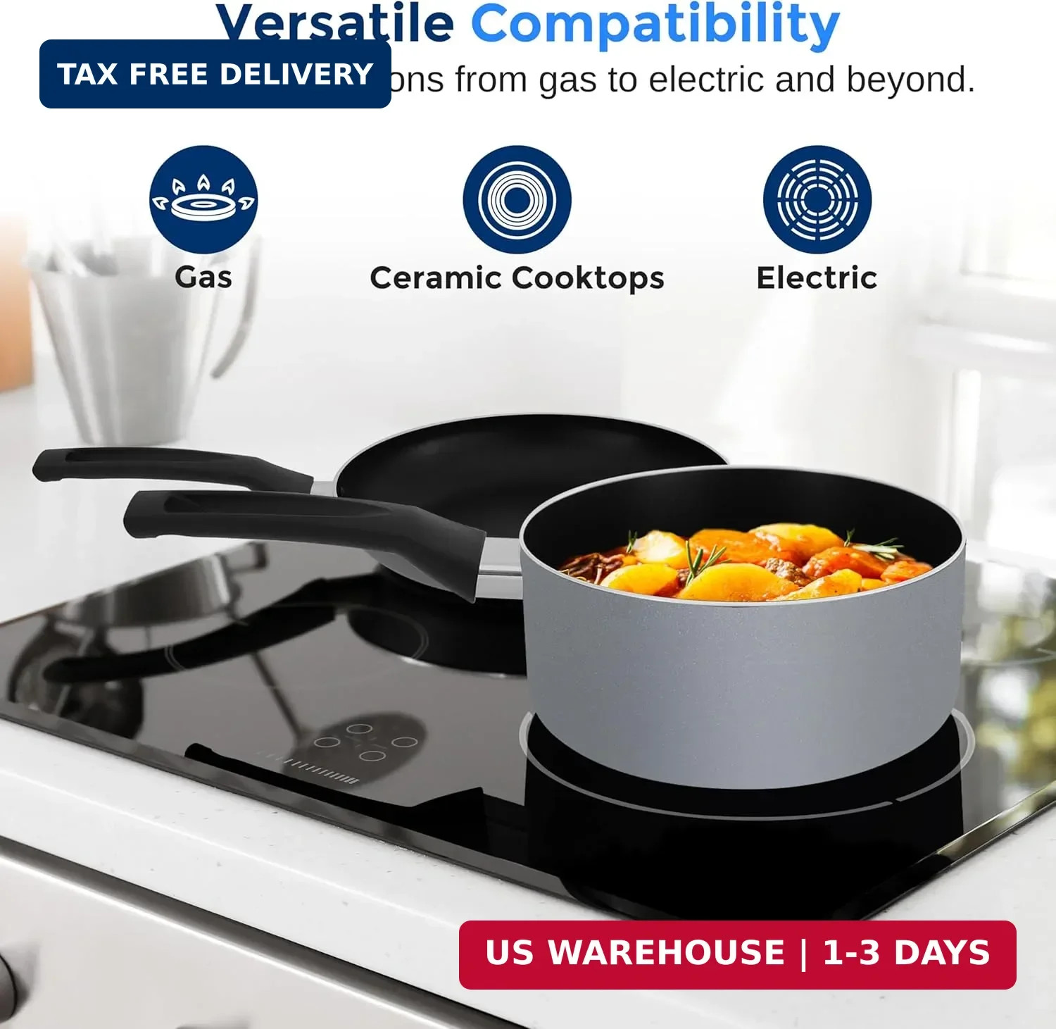 SereneLife Kitchenware Pots and Pans Set, Basic Kitchen Nonstick Cookware Set, H