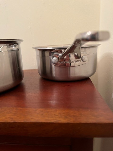 Le Creuset Stainless Steel Cookware 2 Handled Pots & 1 Lid 2 & 1.5 Qts. 3 Pieces