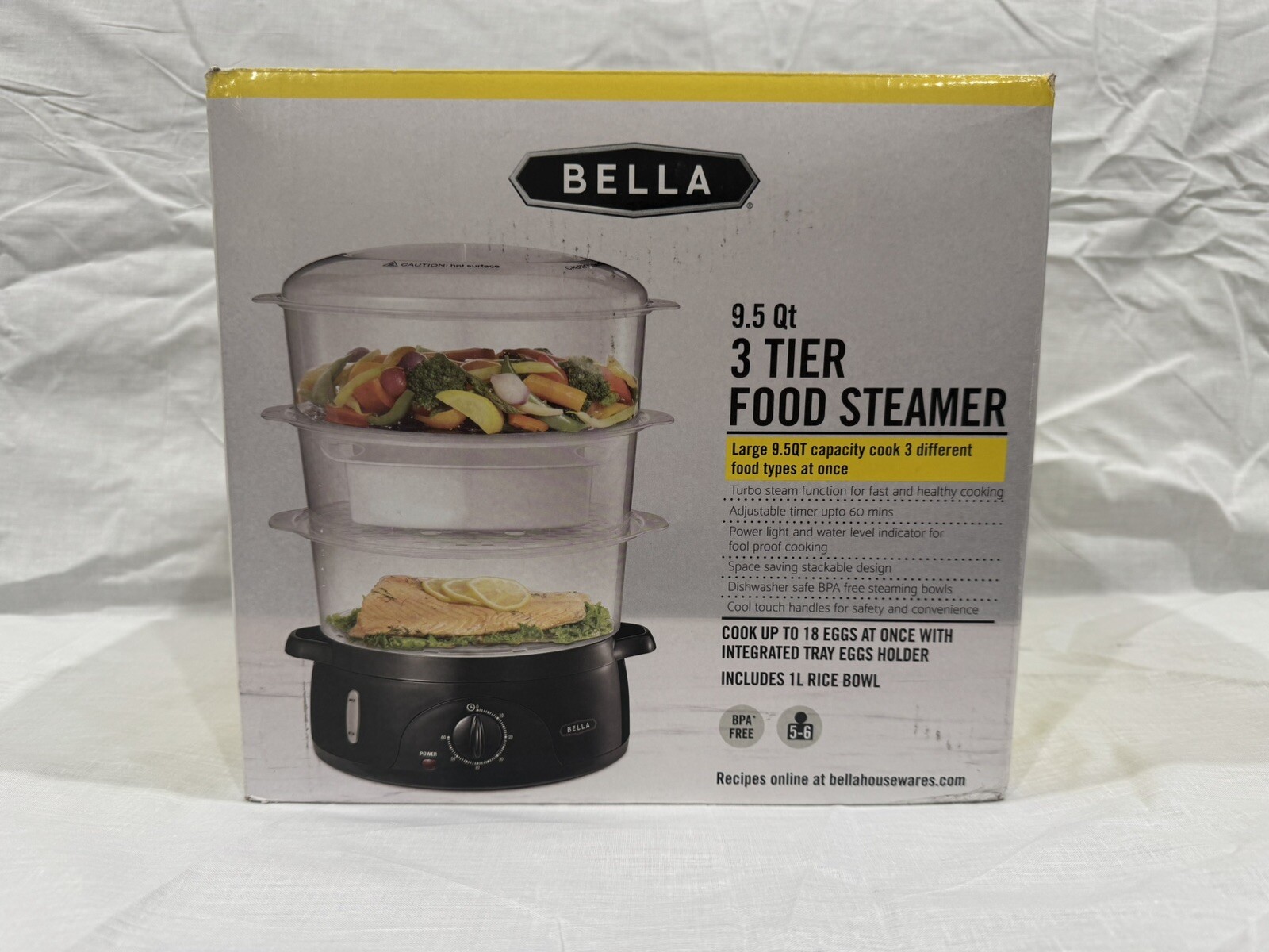 BELLA 9.5-Qt. 3-Tier Food Steamer Black/Clear NEW