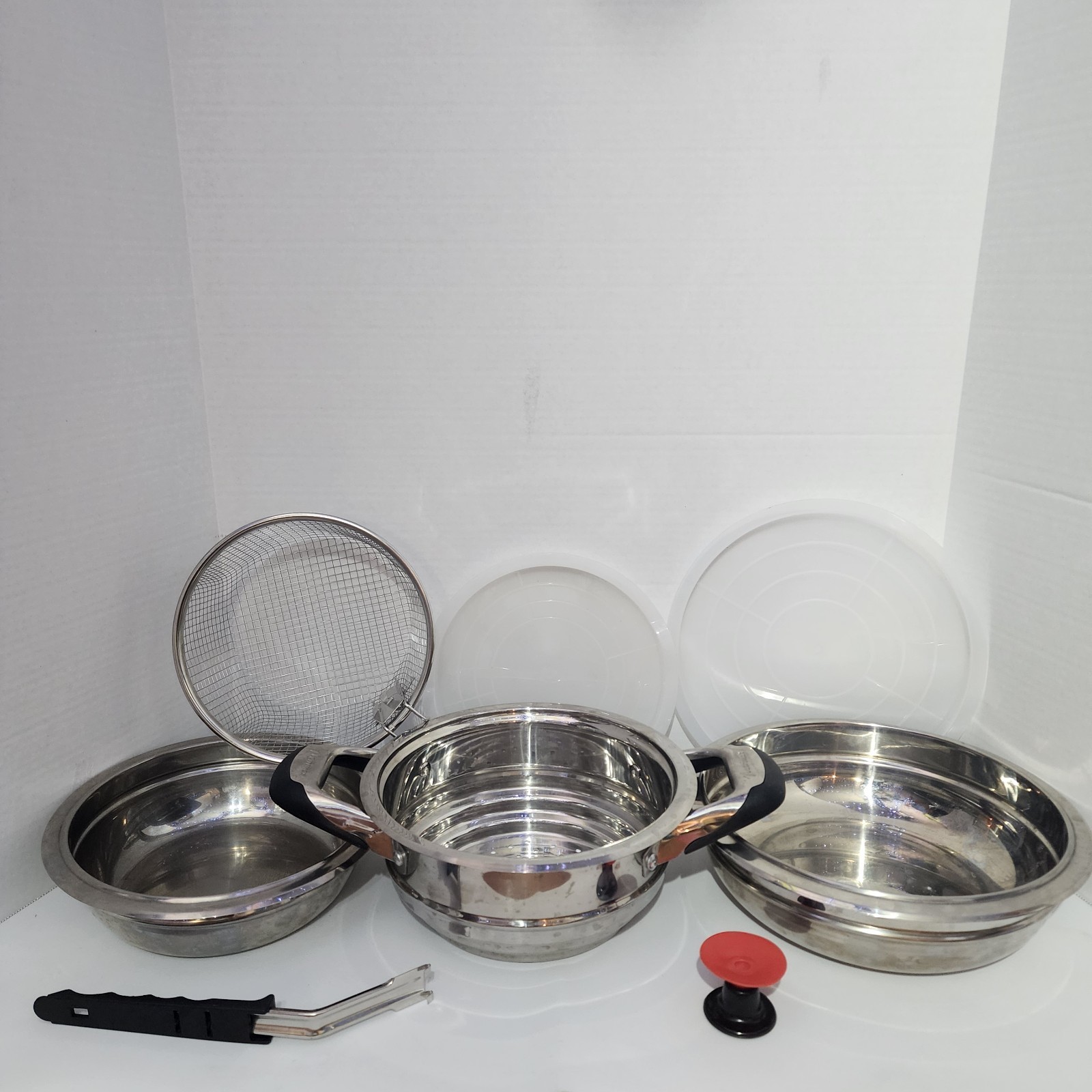 NutriMax Stainless Steel Multi-Cooker Set Steamer Basket Lids Handle 8 Pc