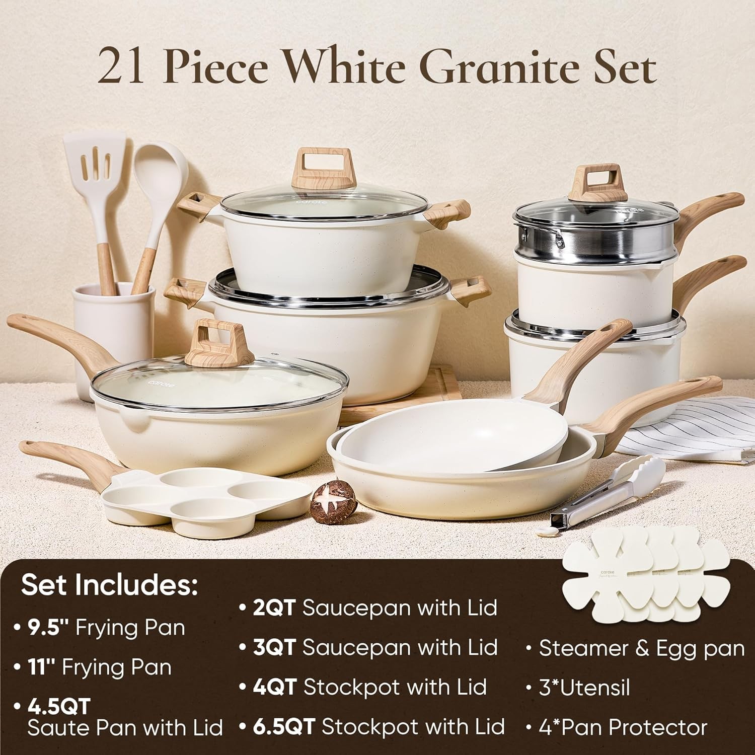 21PCS Nonstick Cookware Set Induction Pots Pans White Granite Kitchen Cooking
