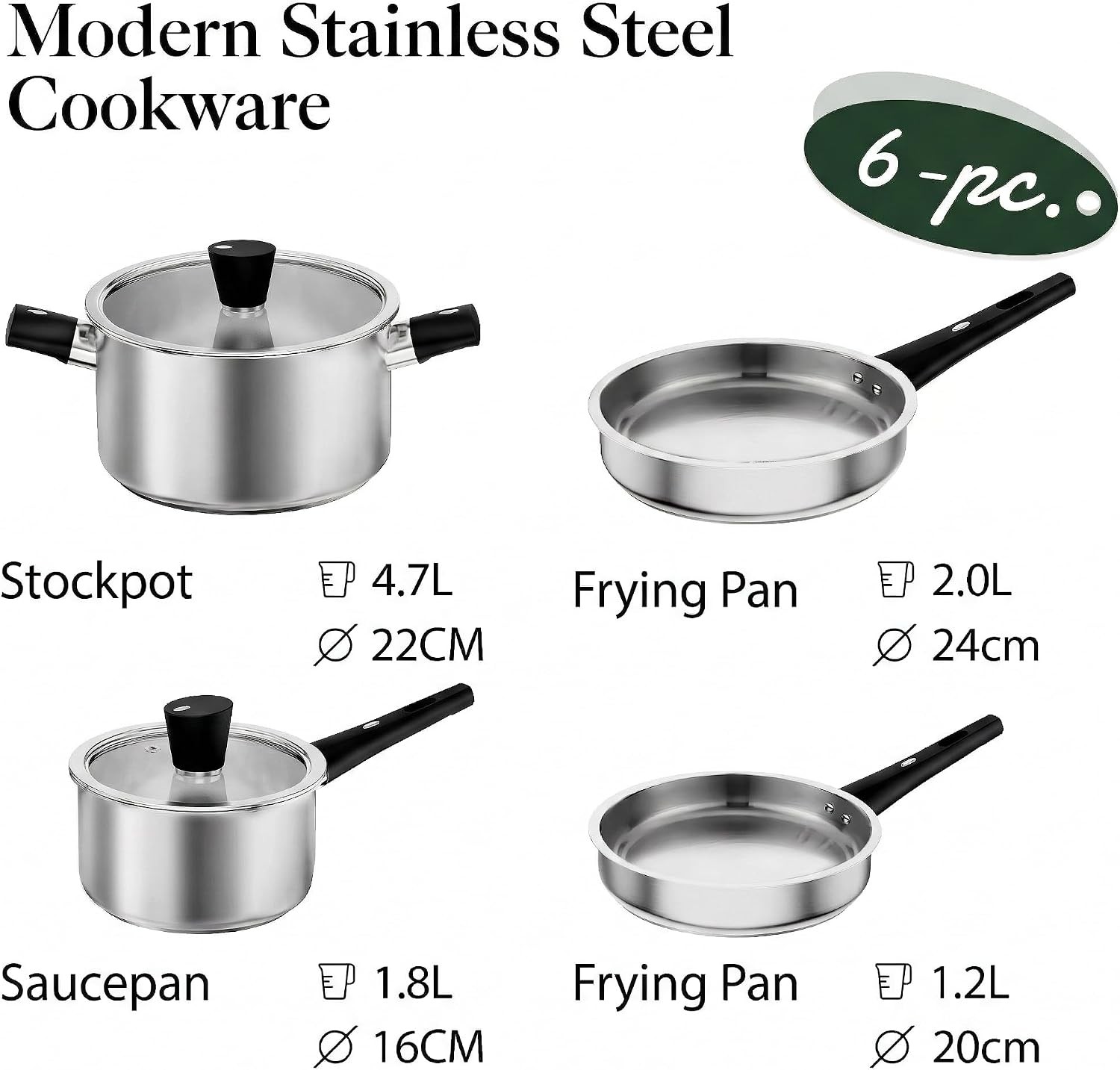 Stainless Steel Pots and Pans Set Non Toxic 6PCs Kitchen Cookware Sets with