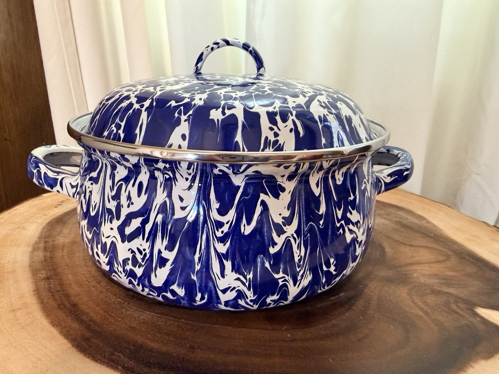 Blue White Enamel Casserole Pot with Lid, Double Handle, 9″ x 6″