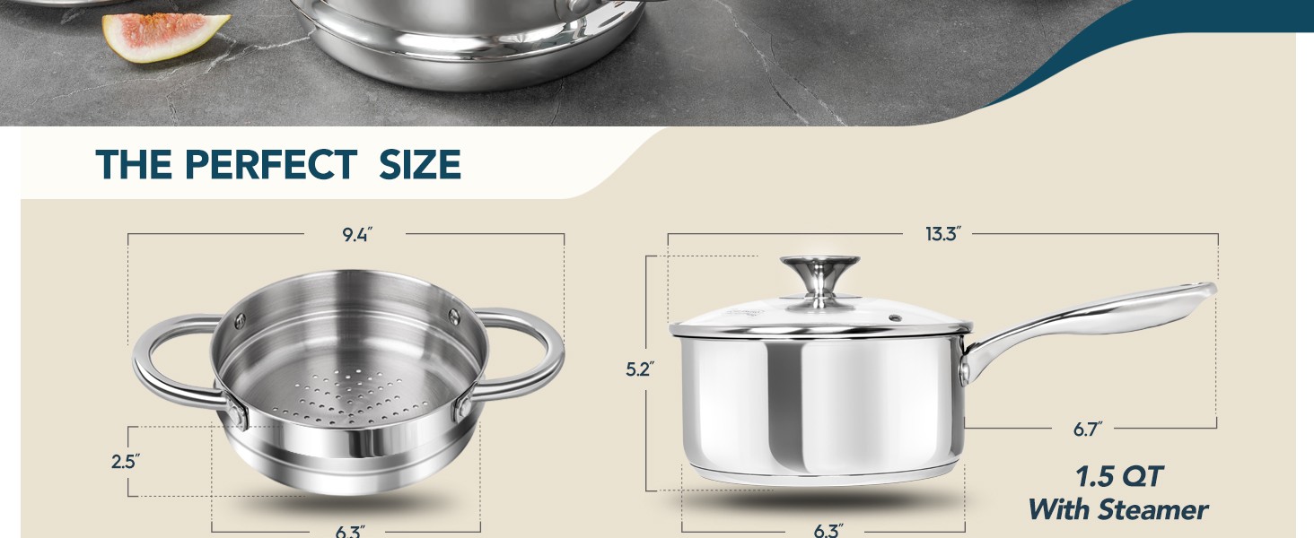 1.5 Quart Saucepan with Steamer, Stainless Steel Saucepan with Lid, Triply